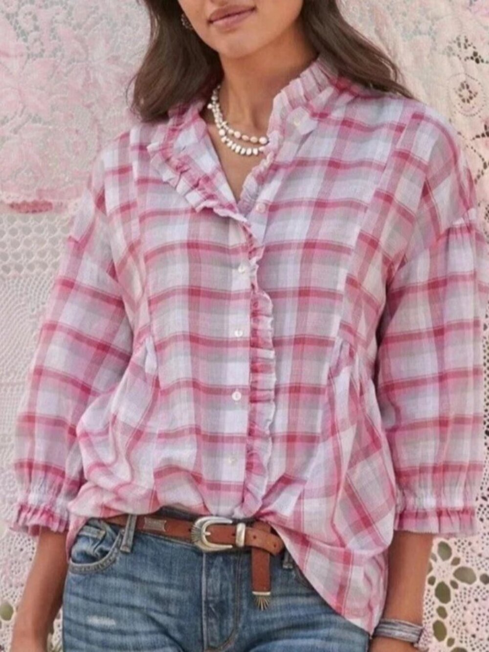 Sundance Janice Plaid Blouse Shirt Top XS Ruffle High Neck NEW Western Cowgirl
